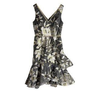 Marchesa Notte Gold Metallic Floral Print Asymmetrical Flounce Cocktail Dress 6